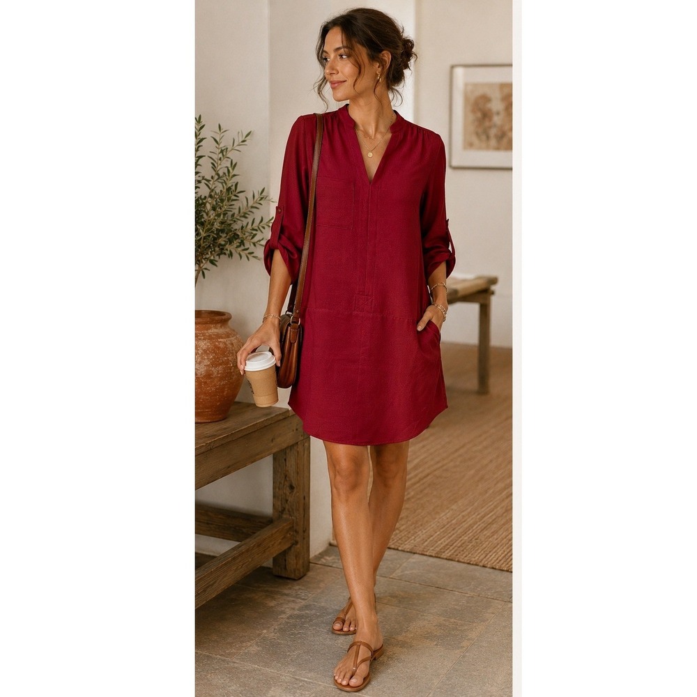 LUSH Split-Neck Cranberry Tunic Dress w/Pockets Size XS